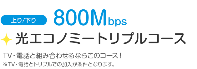 下り／上り800Mbps「光エコノミートリプルコース」TV・電話と組み合わせるならこのコース！※TV・電話とトリプルでの加入が条件となります。